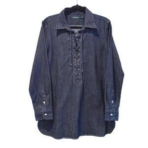 Lauren Ralph Lauren Denim Tunic Top Women's Medium Long‎ Sleeve Lace Up